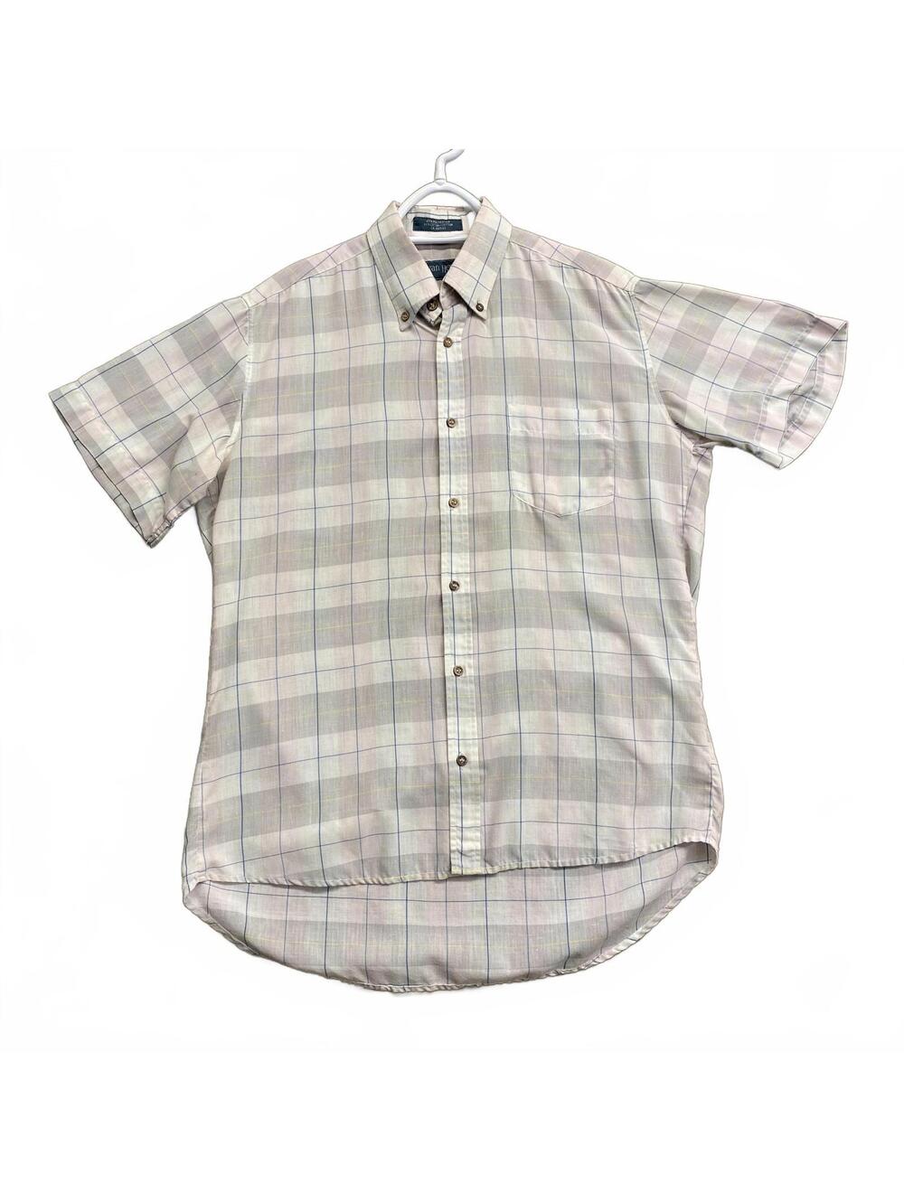 Vtg 80's Preppy Men's Short Sleeve Button-Up Shirt Plaid Beige Single Stitch M
